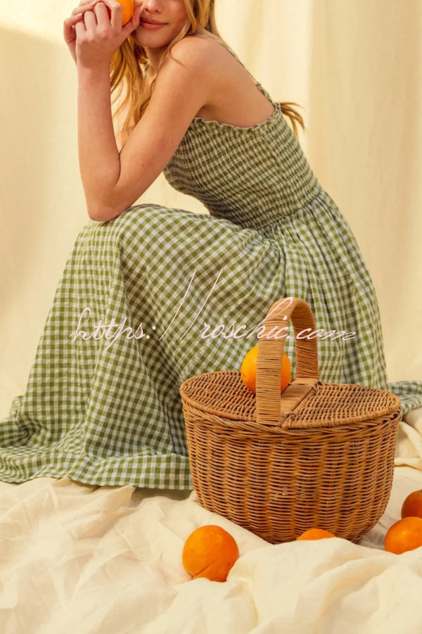 Stylish Plaid Print Spaghetti Strap Ruched Casual Pocket Maxi Dress