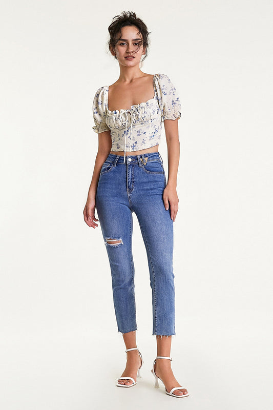 Ivory Floral Print Square Neck Cropped Blouse