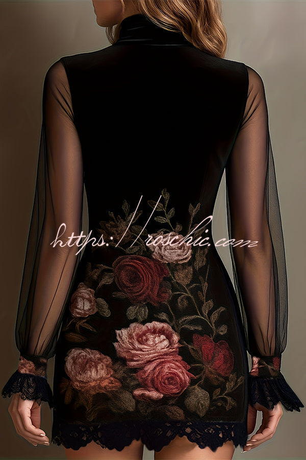 Enchanted Garden Sheer Mock Neck Velvet Dress