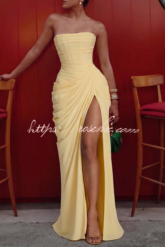 Cyra Back Lace-up Asymmetrical Pleats Strapless Slit Maxi Dress