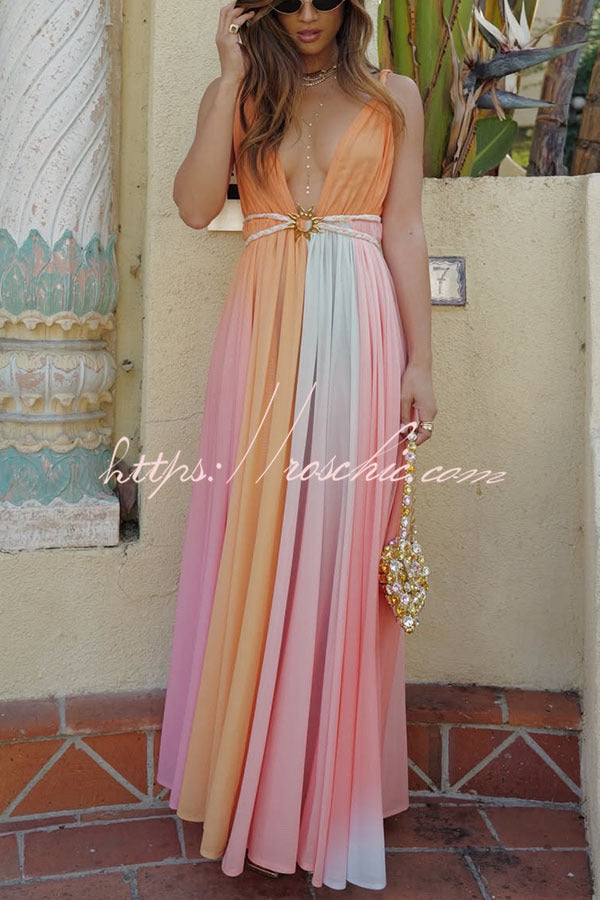 Rainbow Sky Chiffon Ombré Print Metal Decoration Woven Belted Vacation Maxi Dress