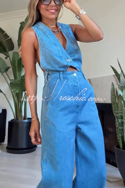 Bold Design Denim Vest-inspired Bodice Crisscross Strap Pocket Loose Jumpsuit