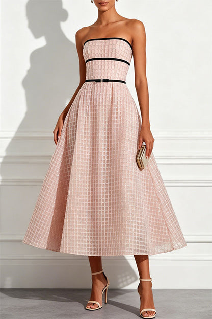Stardust Plaid and Sequin Bow Patchwork Detail Strapless A-line Midi Dress