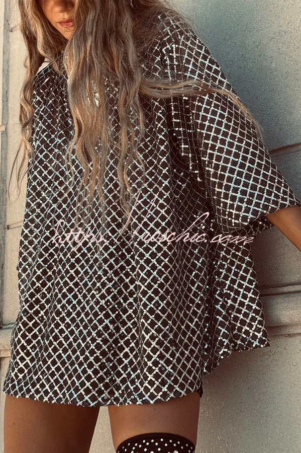 All about Glam Collar Sequin V-neck Half Sleeve Loose Top