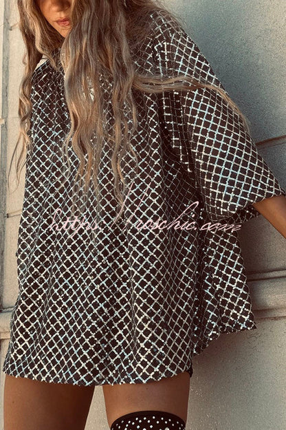 All about Glam Collar Sequin V-neck Half Sleeve Loose Top