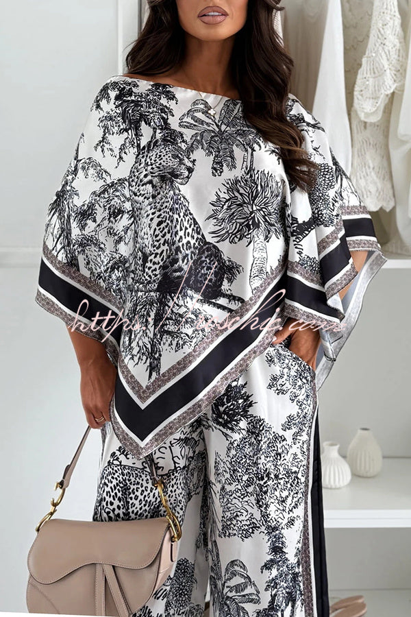 Jungle Themed Satin Unique Print Cape Top and Elastic Waist Pocket Wide Leg Pants Set