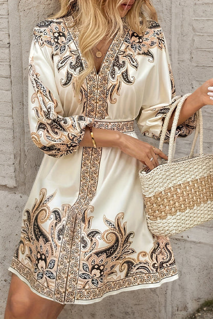 Unique Printed V-neck Lantern Sleeve Waist Tie Mini Dress