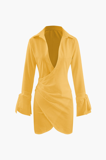 Deep V-neck Wrap Mini Shirt Dress