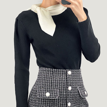 Black Turtleneck Color Block Tie Detail Sweater