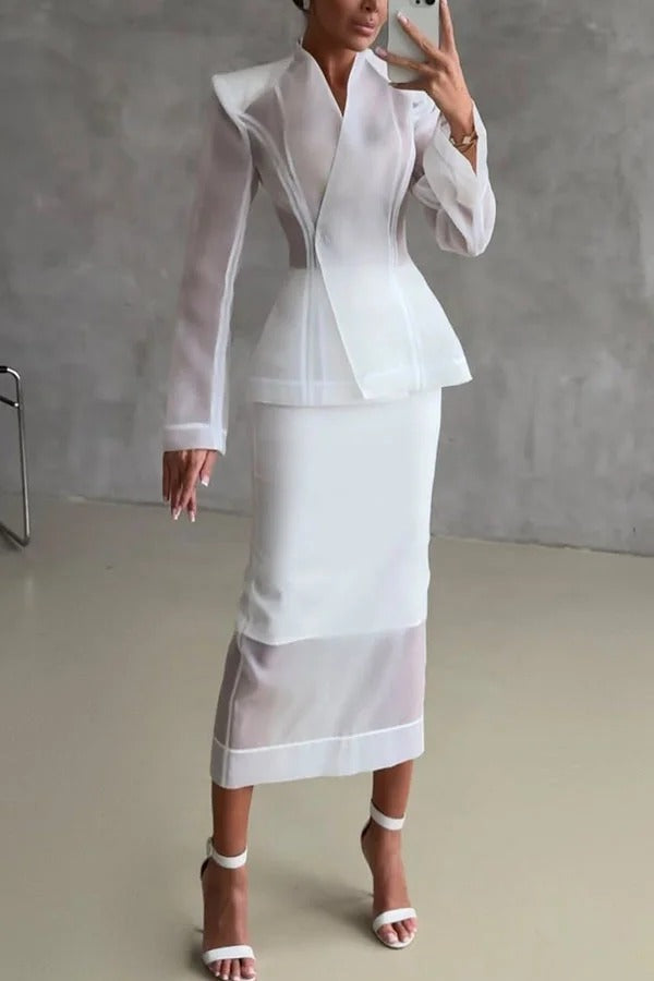 Perfectly Shaped Organza V-neck Long Sleeve Hourglass Cut Blazer
