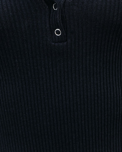 Flow Cotton Ribbed Knit Henley Dress Black