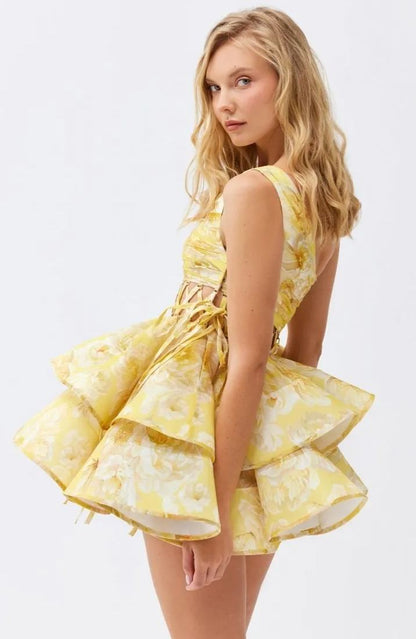 Andrea Floral Printed One - shoulder Mini Chiffon Dress