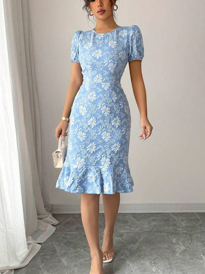Flattering Slim Fit Flower Textured Puff Sleeves Bodycon Midi Dress