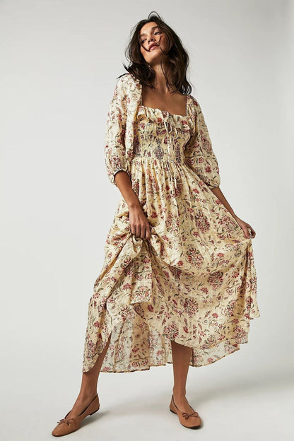Ariadna Exclusive Printed Midi Dress with Ruched Bodice and Ruffles Statement Occasion Edit