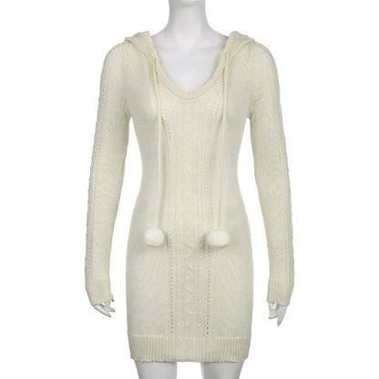 Crochet solid long sleeve hoodie v neck hairball mini dress - Final Sale