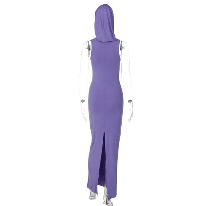 Slit sleeveless hoodie solid maxi dress