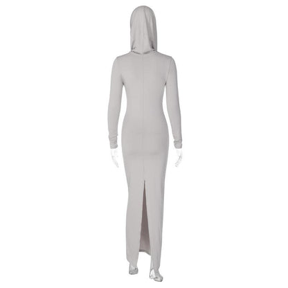 Hoodie solid long sleeve cowl neck slit maxi dress