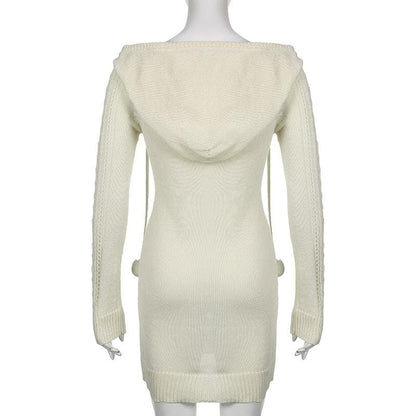 Crochet solid long sleeve hoodie v neck hairball mini dress - Final Sale