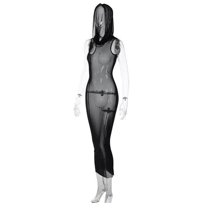 PRE ORDER - Sheer mesh see through hoodie sleeveless maxi dress