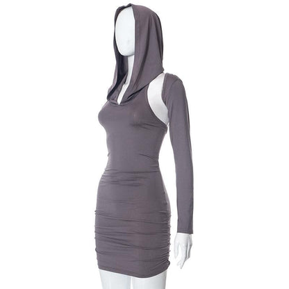 Hoodie ruched shrug long sleeve solid mini dress
