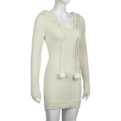 Crochet solid long sleeve hoodie v neck hairball mini dress - Final Sale
