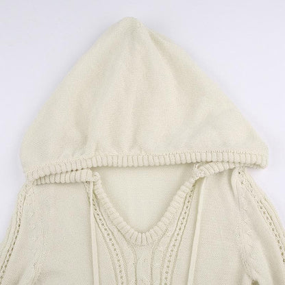 Crochet solid long sleeve hoodie v neck hairball mini dress - Final Sale