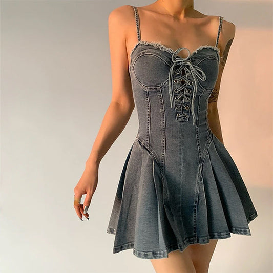 Lace Up Denim Dress