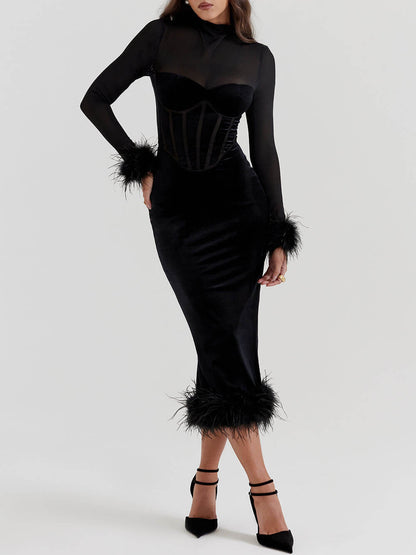 Elegance in Velvet Black Velvet Midi Dress