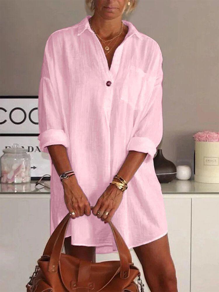 Loose V Neck Long Sleeve Shirt Dress