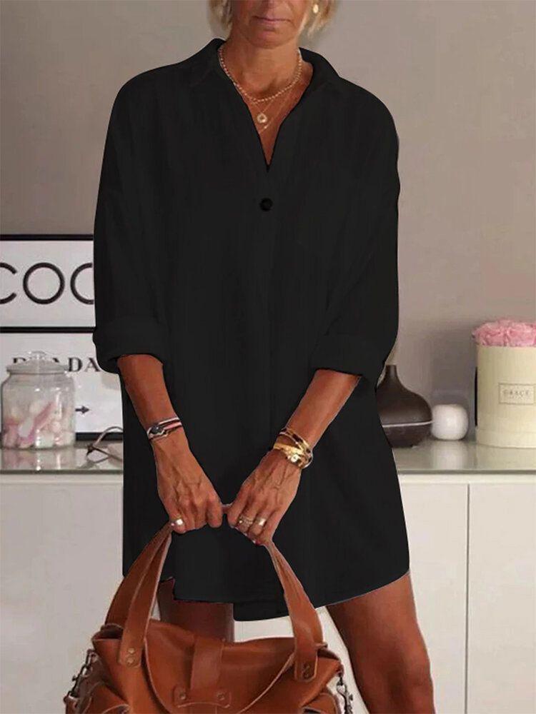 Loose V Neck Long Sleeve Shirt Dress