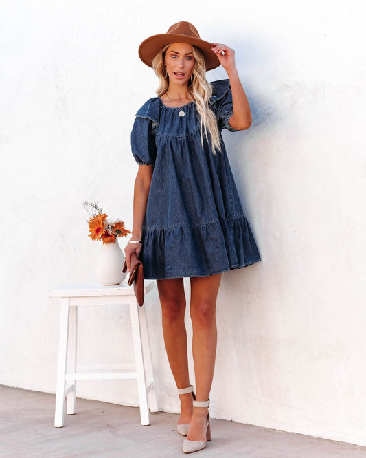 Luis Cotton Puff Sleeve Babydoll Dress Dark Wash