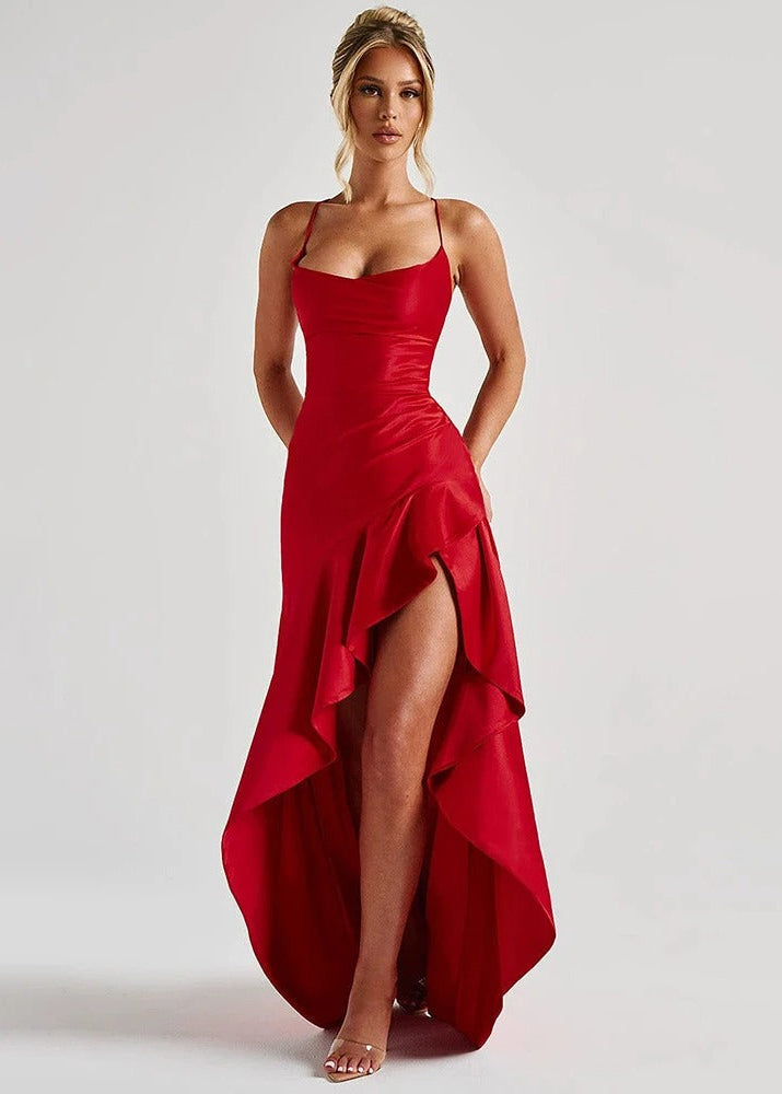 Scarlet Cascade Satin Evening Dress with High Slit