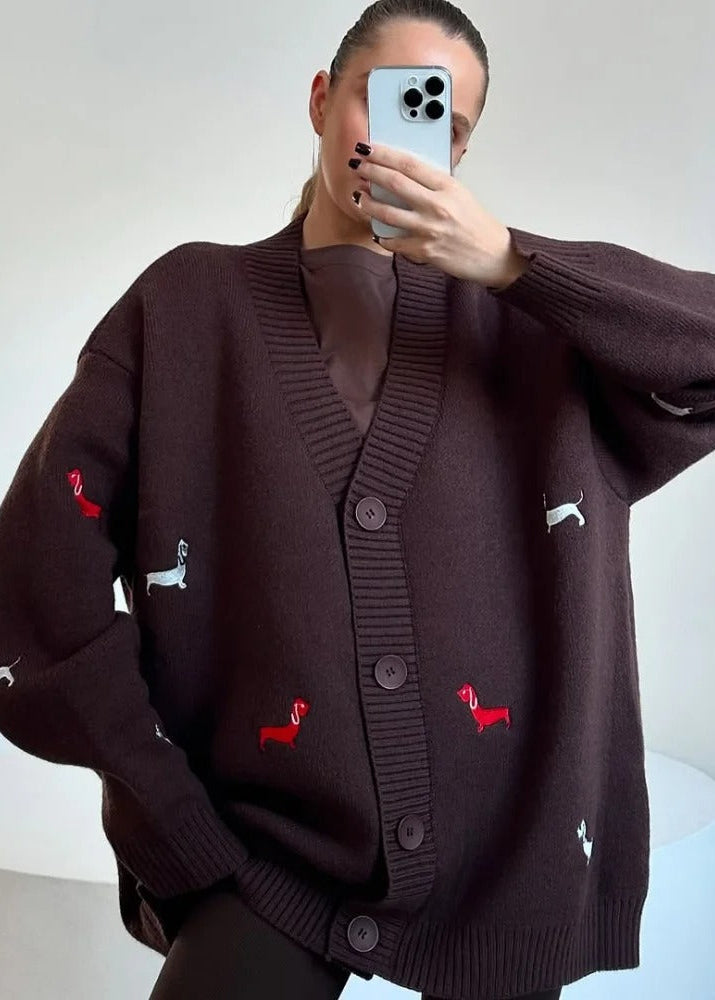 Oversized Brown Dog Embroidered Knit Cardigan