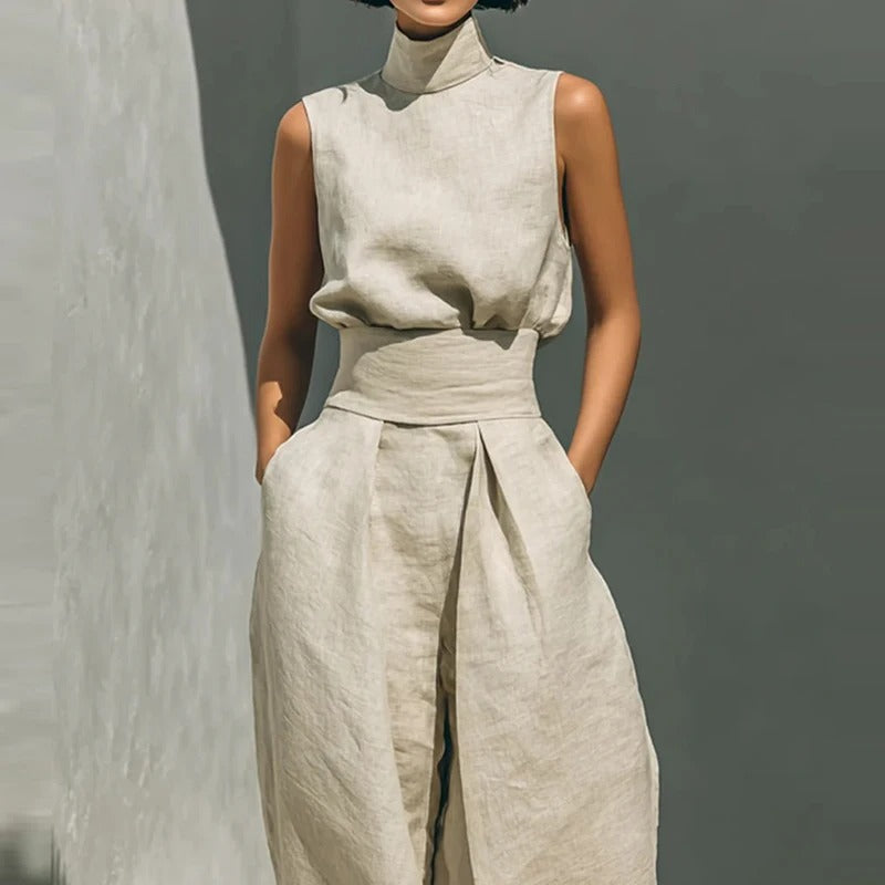 Sienna Linen Two-Piece Pants Set – Sleeveless Top & Wide Leg Pants