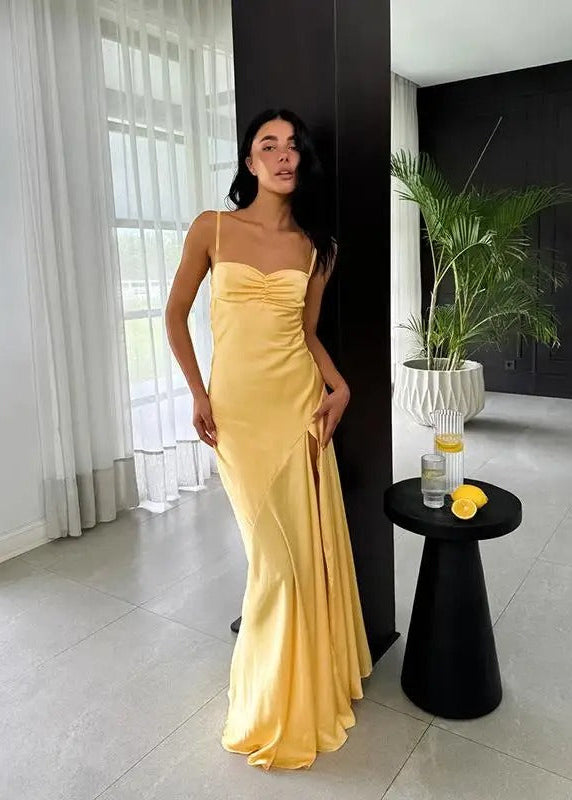 Butter Yellow Satin Maxi Dress with Thigh Slit