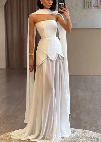 Aurelia Pearl Drape Maxi Dress – Strapless Corset Evening Gown with Scarf Detail