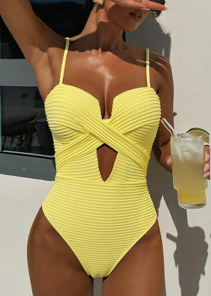 Yellow Ribbed One Piece Swimsuit – Cutout Push Up Monokini