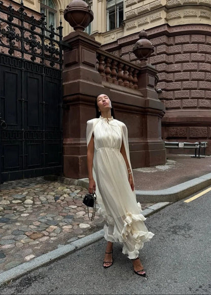 Celestine Ruffle Cape Maxi Dress – Sheer Layered Flowy Elegant Evening Dress