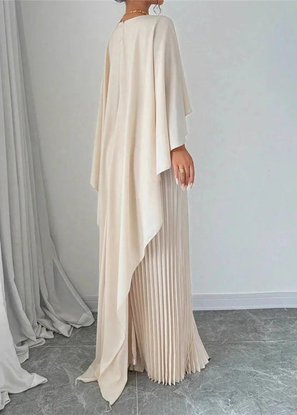 Aurelia Pleated Cape Maxi Dress – Elegant Flowing Evening Gown with Draped Overlay