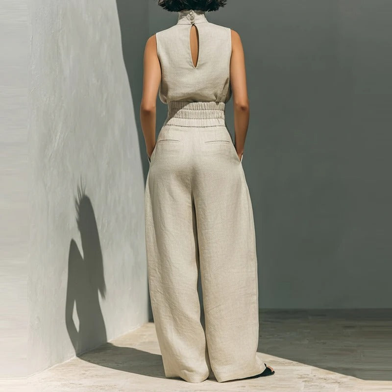 Sienna Linen Two-Piece Pants Set – Sleeveless Top & Wide Leg Pants