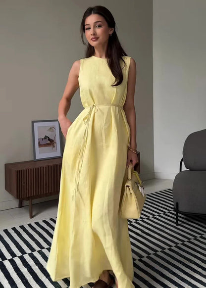 Rosaline Linen Maxi Dress – Sleeveless Tie Waist Summer Dress