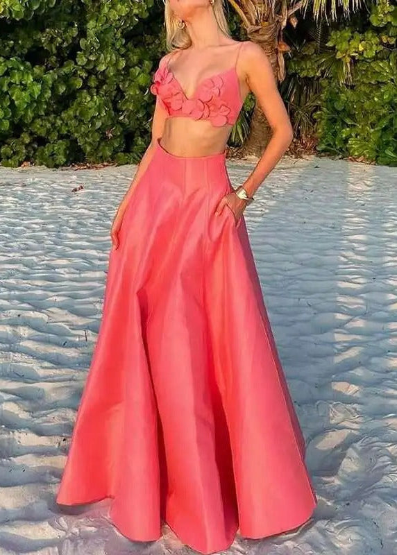 Coral Floral Two-Piece Set – Crop Top and Maxi Skirt Summer Outfit
