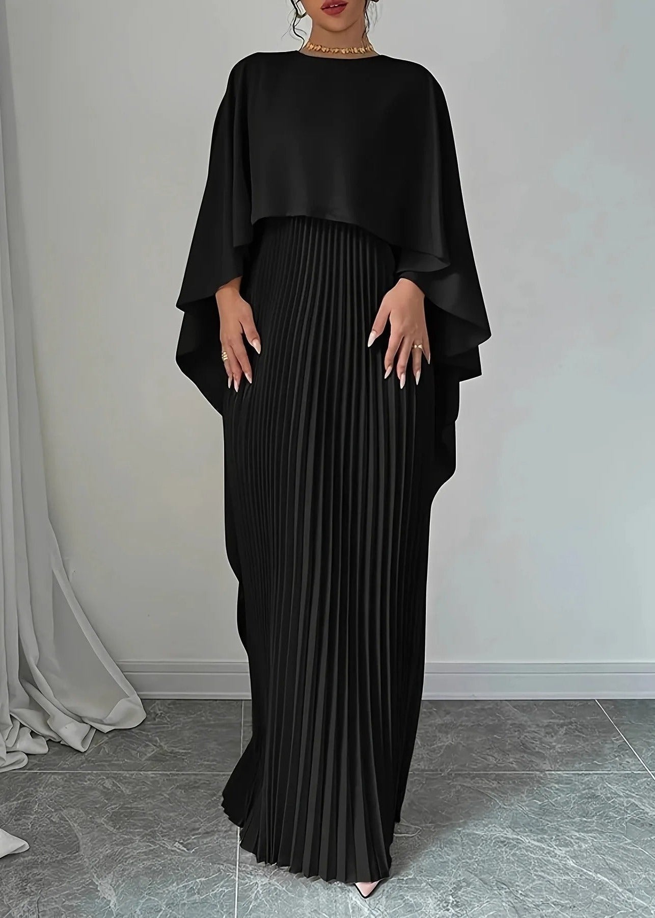Aurelia Pleated Cape Maxi Dress – Elegant Flowing Evening Gown with Draped Overlay