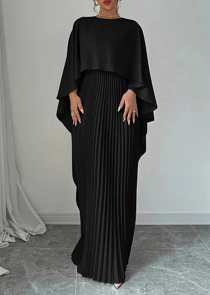 Aurelia Pleated Cape Maxi Dress – Elegant Flowing Evening Gown with Draped Overlay