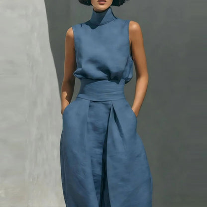Sienna Linen Two-Piece Pants Set – Sleeveless Top & Wide Leg Pants