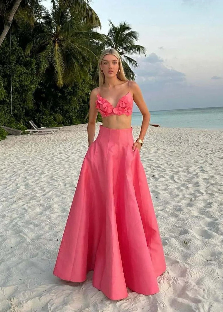 Coral Floral Two-Piece Set – Crop Top and Maxi Skirt Summer Outfit