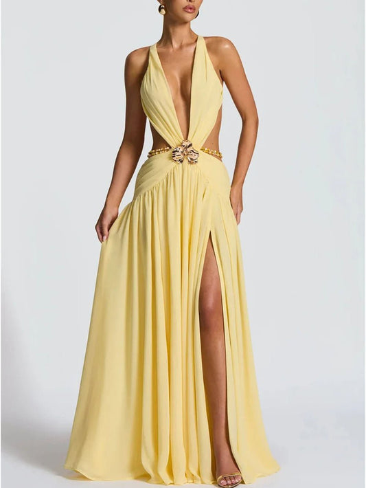 Marina Deep V Buckle Maxi Dress