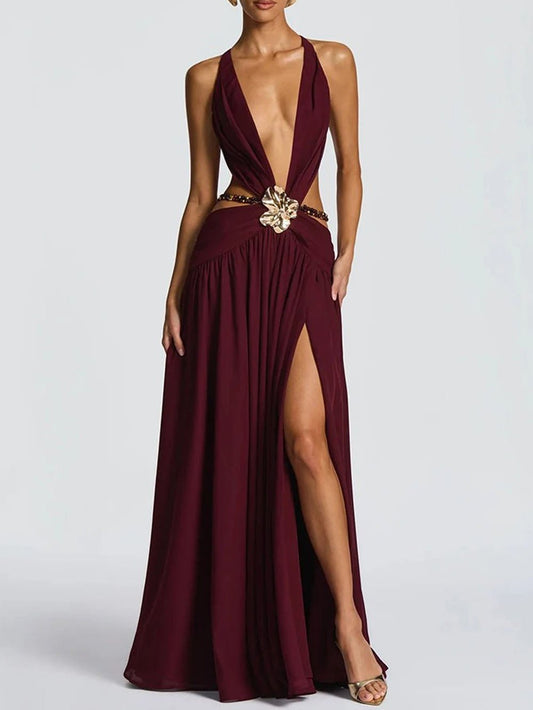 Marina Deep V Buckle Maxi Dress