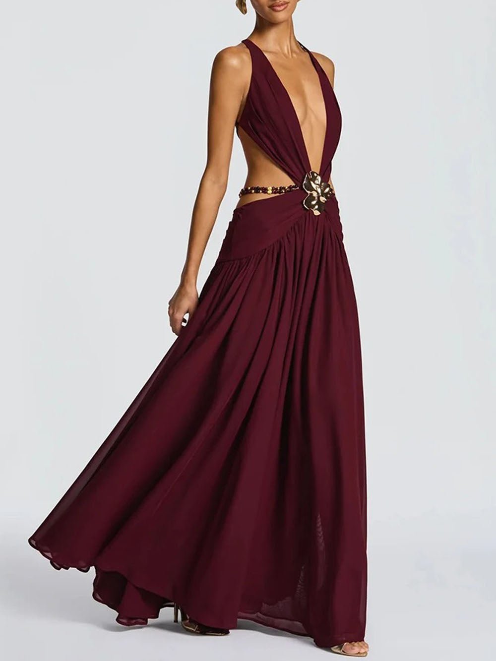 Marina Deep V Buckle Maxi Dress