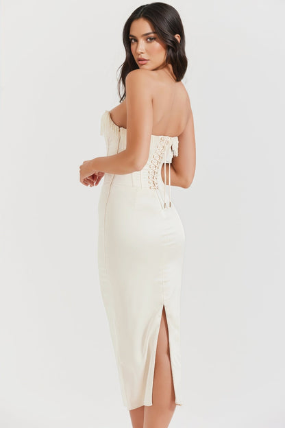 Nikki Cream Embellished Strapless Midi Dress